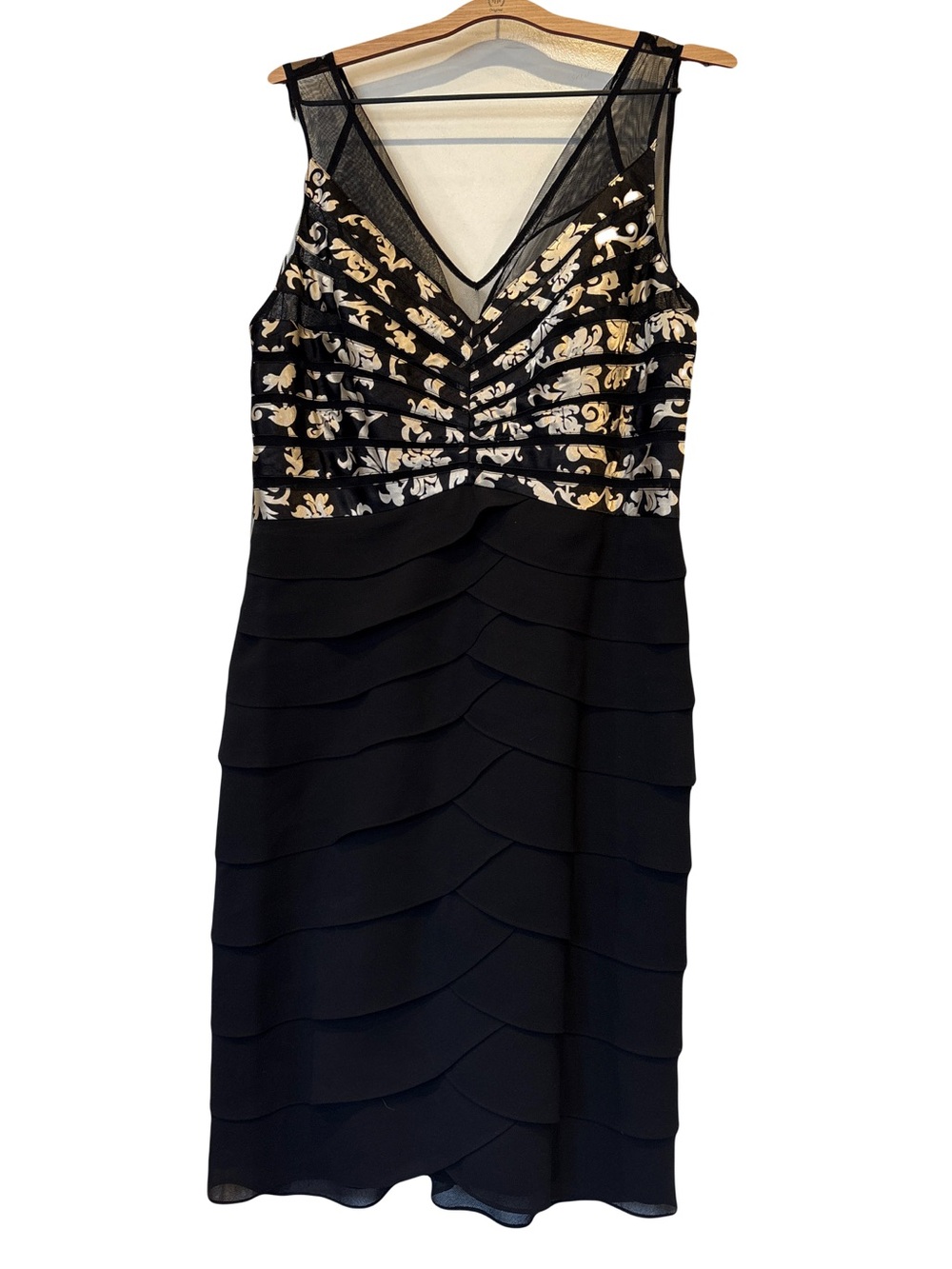 Scarlett Nite Black and Gold V-Neck Tiered Midi Dress